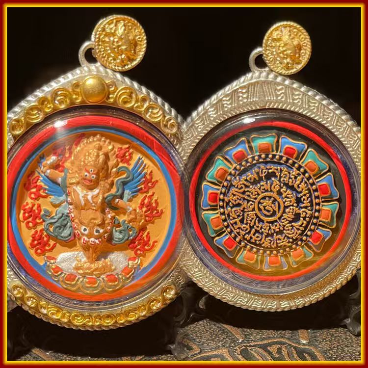 This is a Buddhist amulet made of clay by artisans on the roof of the world, fired at high temperatures, and hand-painted with mineral pigments. Its name is Vajrakilaya.