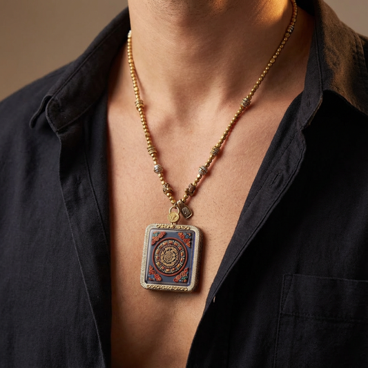 Tibetan amulet – handmade. Dzi bead necklace, bracelet, thangka, and ritual implements – this amulet is handcrafted by Tibetan artisans and meticulously painted with natural mineral pigments. No two are exactly alike.