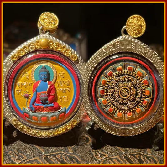 These are Buddha amulets made of clay by artisans on the roof of the world. They are fired at high temperatures and then hand-painted with mineral pigments. They are called Medicine Buddhas.